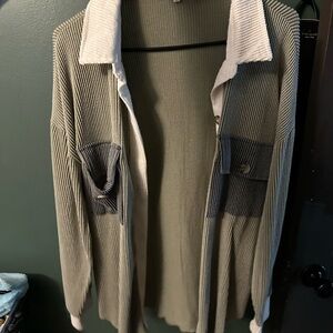 BKE Olive and Cream Ribbed Sweater